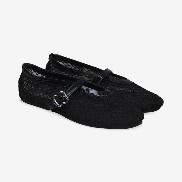 Women’s Mesh Mary Jane Buckle Ballet Flats, Black, Faux Leather, Flat Shoes - Picture 1 of 5